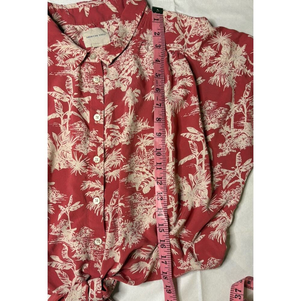 American Eagle Women’s XL Pink Tan Hawaiian Button Down Boxy Crop Top Front Tie - Picture 4 of 7